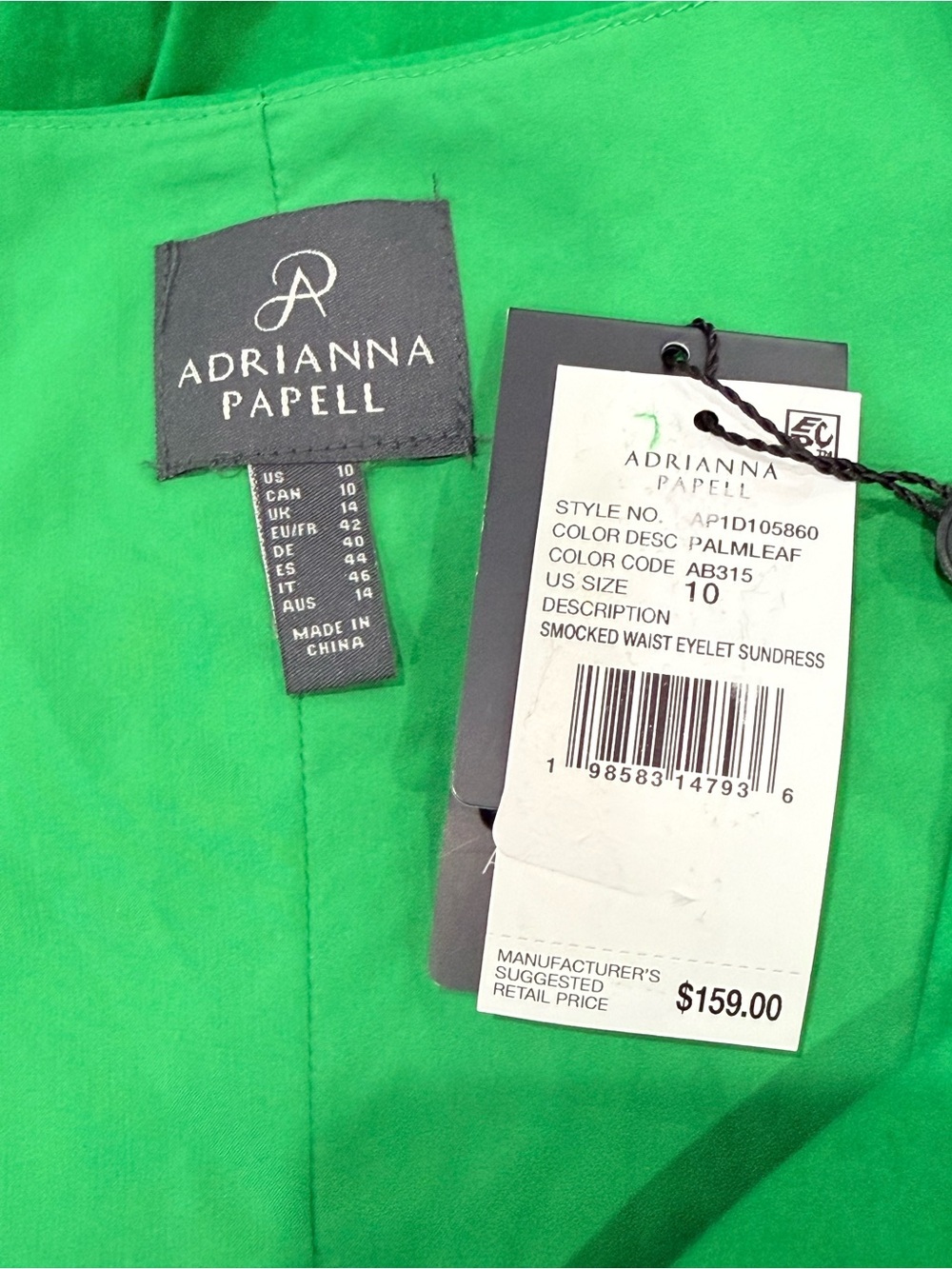 Adrianna Papell Smocked Waist Tie Sleeve Eyelet Cotton Sundress Kelly Green NWT - Picture 13 of 15